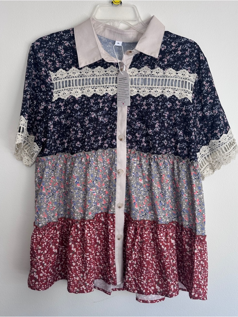 Soft 3 Color Tiered Lace-Trim Floral Button-Up Blouse with NWOT